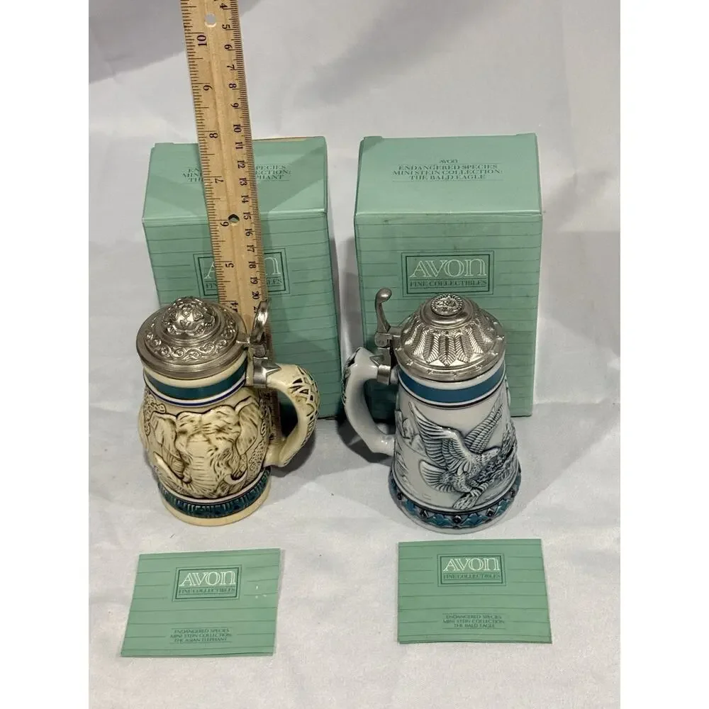 Avon Endangered Species Mini Stein Asian Elephant & Bald Eagle w/ Boxes Cards